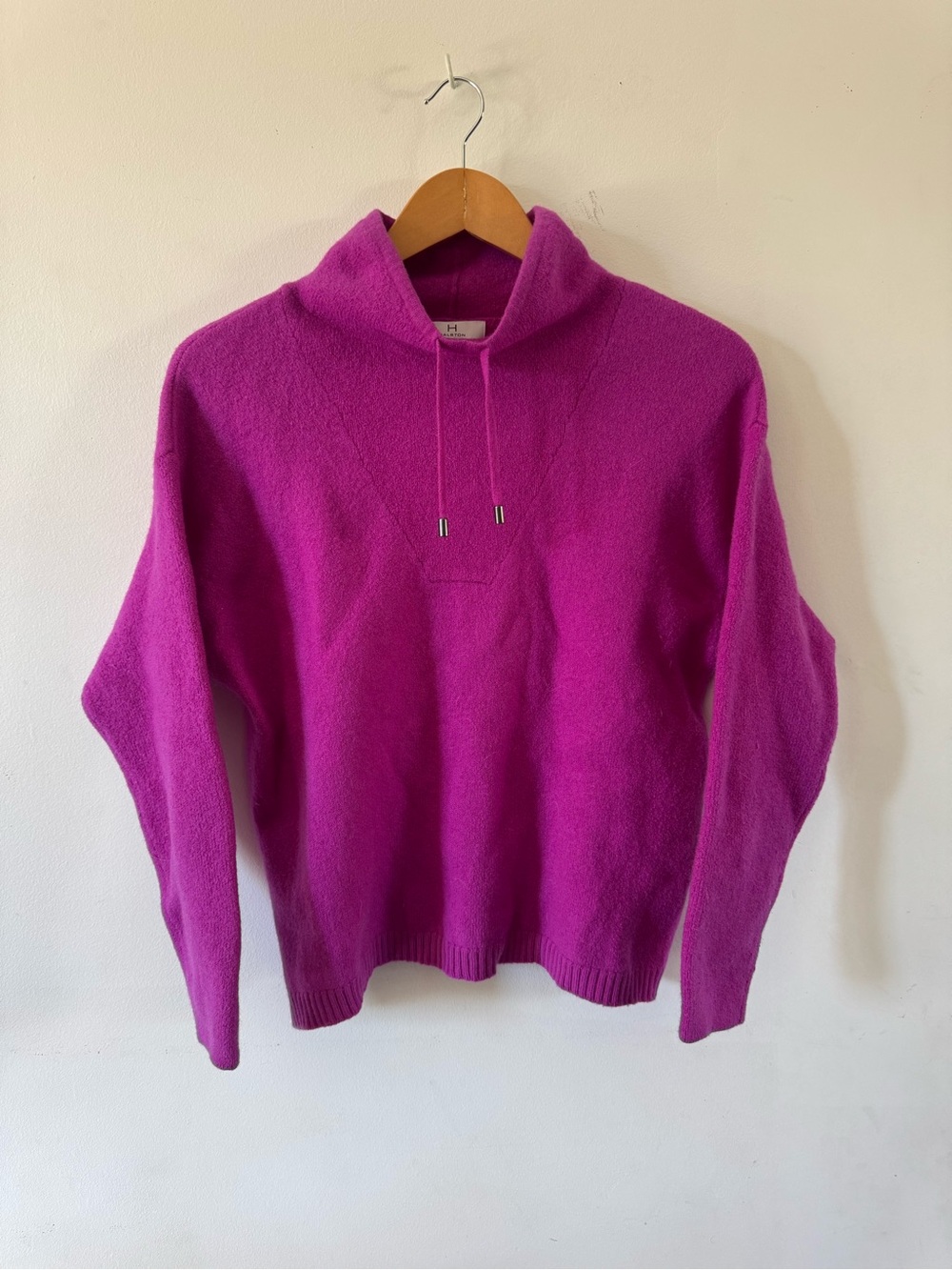 H Halston 100% Merino Wool Sweater XL Purple Pink Drawstring Cowl Neck Womens